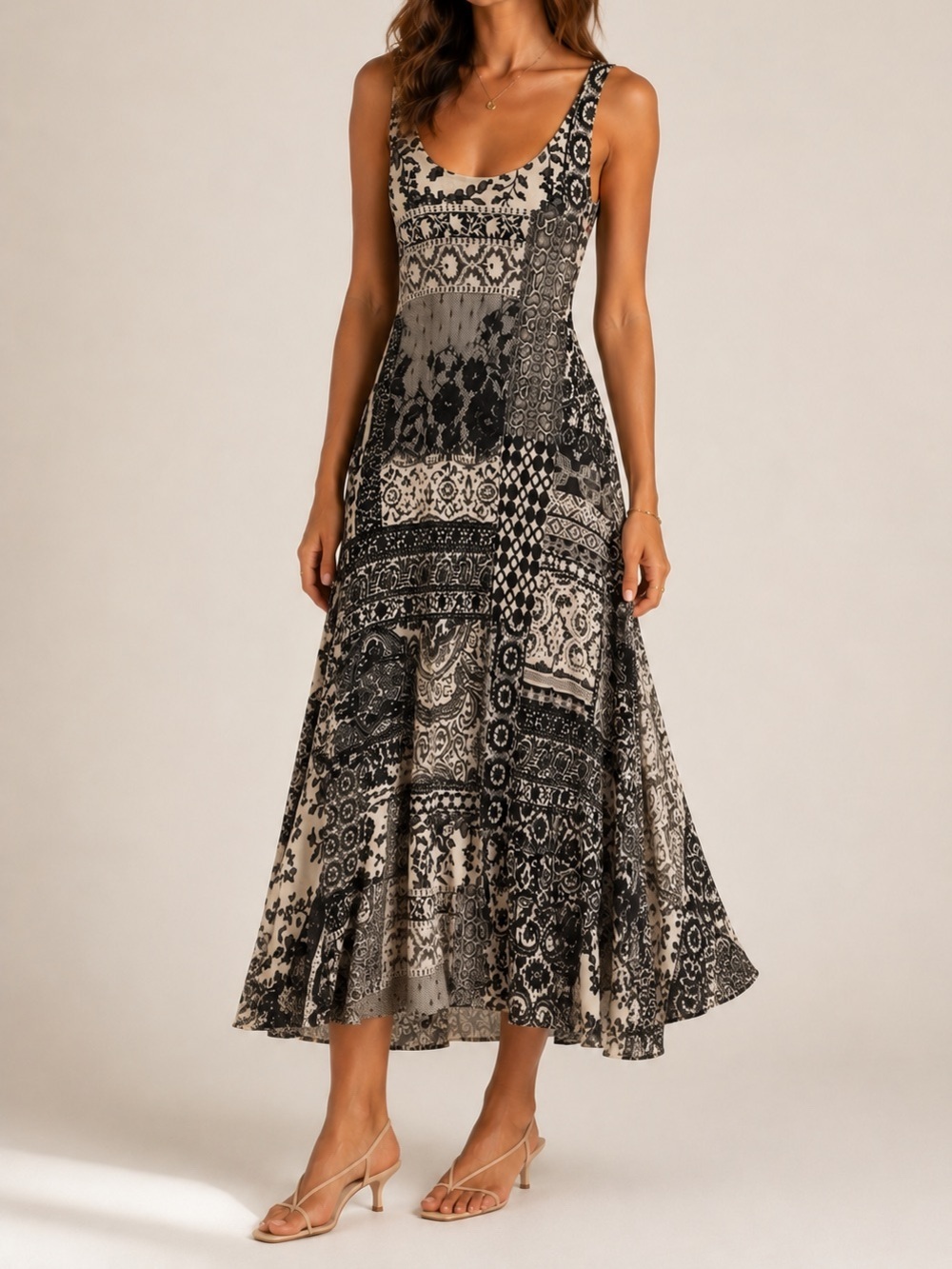 Fuzzi Mesh 2-way Maxi Dress Sleeveless patchwork floral M/L